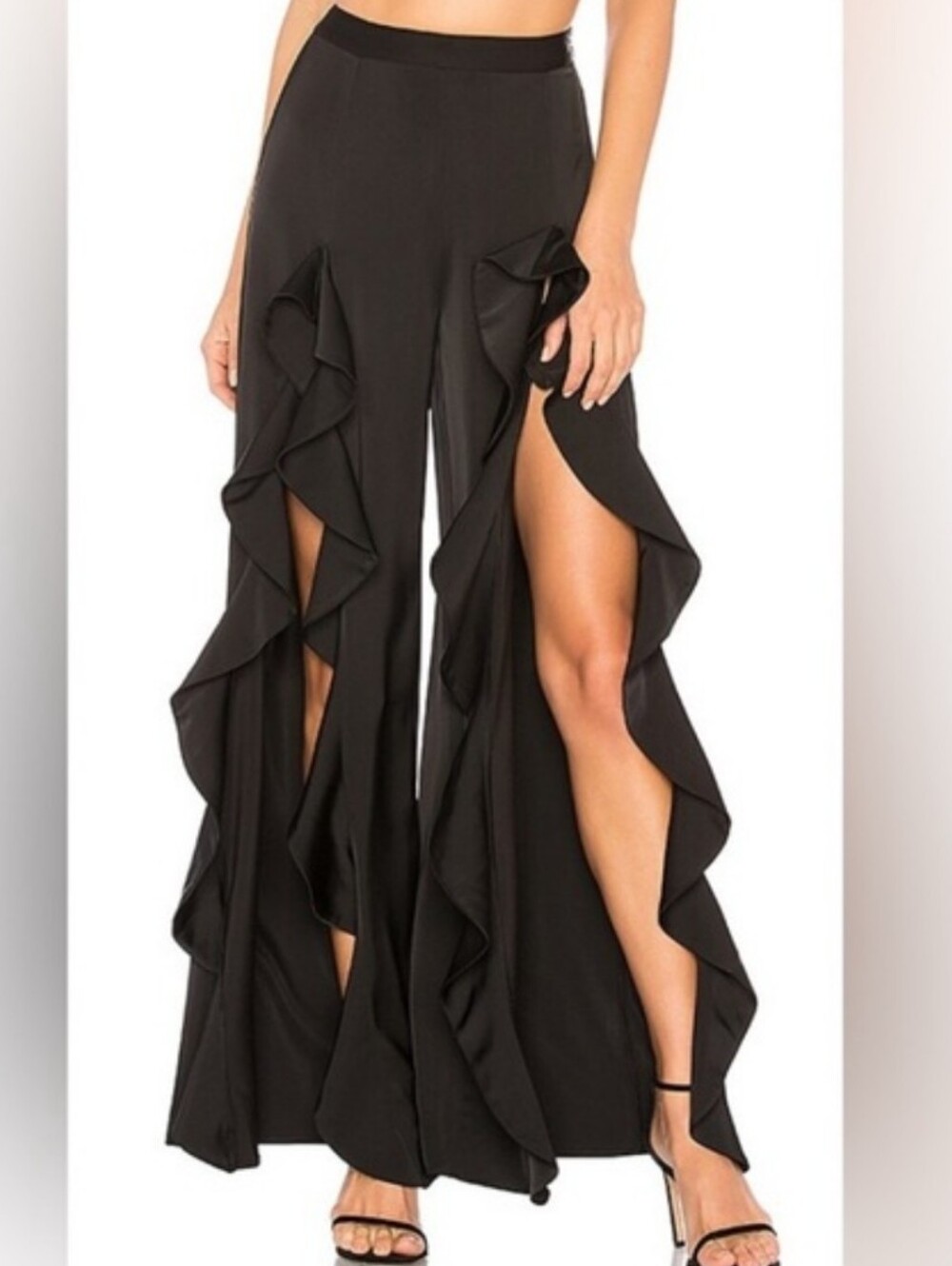 Lovers + Friends Black Ruffle Split Wide-Leg Pants